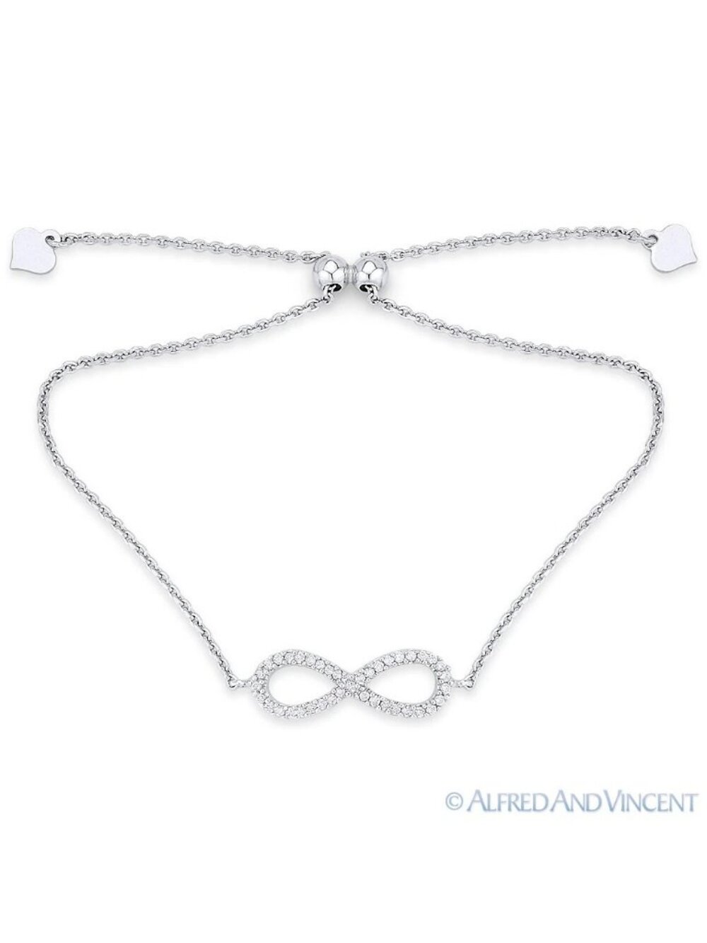 Infinity Figure 8 & Heart Charm CZ Crystal Bolo Bracelet in .925 Sterling Silver